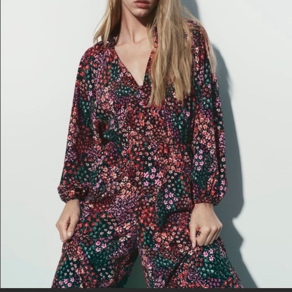 Zara Floral Print Full Length V-Neck Jumpsuit Size L - Picture 6 of 9